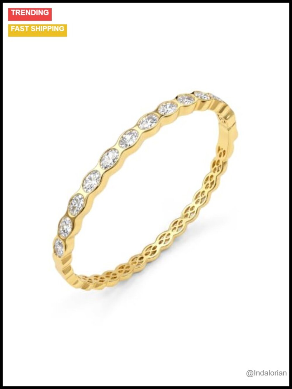 Gold Plated Bangle Bracelet with Oval Cut Moissanite Stones for Women